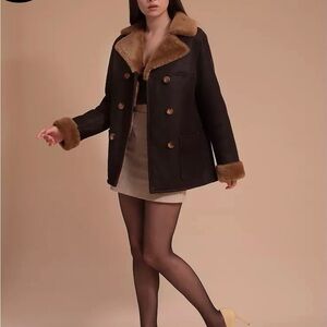 Elegant Brown Shearling Pea Coat Furniq